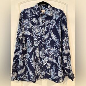 Baird McNutt Murano Blue Floral Leaf 100% Linen Button Down Shirt Mens Size L